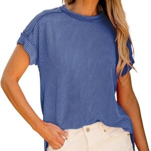 Navy Ribbed Short Sleeve Top